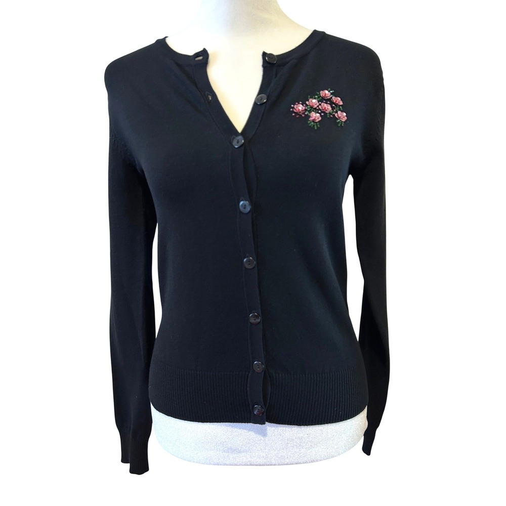 VTG American Rag Cardigan Size S Black Silk Blnd Lace Back Floral Sequin 90s Y2K